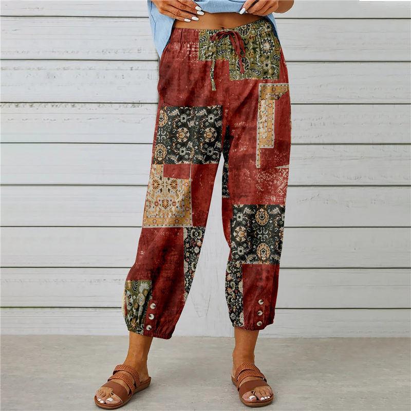Sommer frauen Hosen Baumwolle Leinen Hohe Taille Kordelzug Neun-viertel Hosen Elastische Taille Bundle Fuß Mund Retro Druck hosen M rot