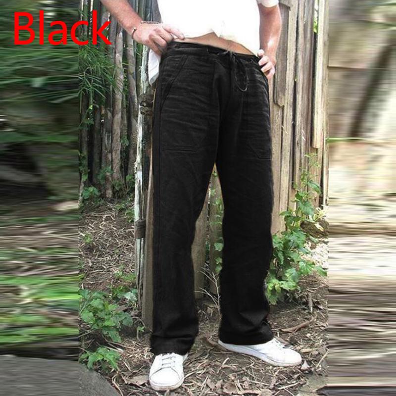 Mode Luxus Männer Natur Baumwolle Leinen Hosen Sommer Jogger Hosen Männliche Feste Elastische Taille Hose Gerade Lose Lauf Hosen plus Größe S schwarz