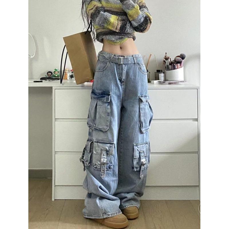 Damen Y2k Retro Mutil Taschen Cargo Jeans Vintage Gyaru Damen Denim Hose Hose Pantalones XL blau