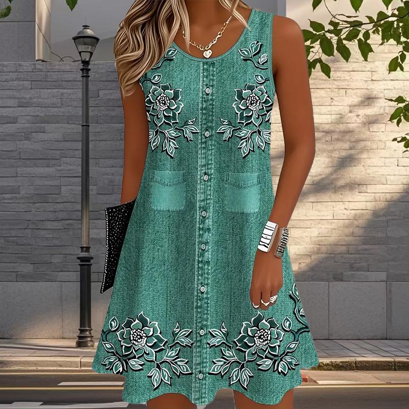 Damen Cowboy Bedrucktes Ärmelloses Rundhalskleid Locker Weich und Bequem Übergröße Kleid 5XL grün
