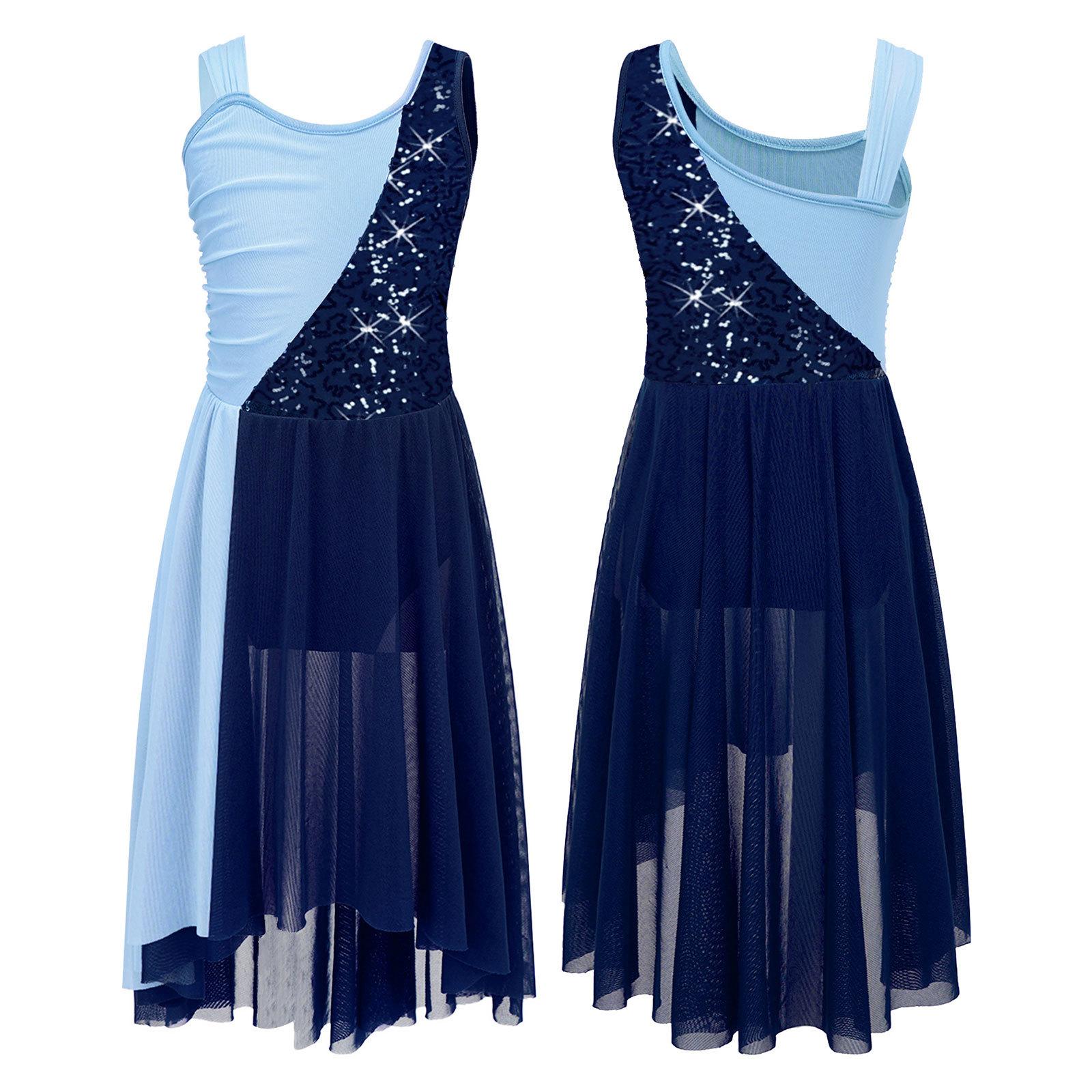 Kinder Mädchen ärmellose Chiffon Lyrical Dance Kostüme Farbblock Trikot Kleid moderne zeitgenössische Kleider 5-6 Years navy blau