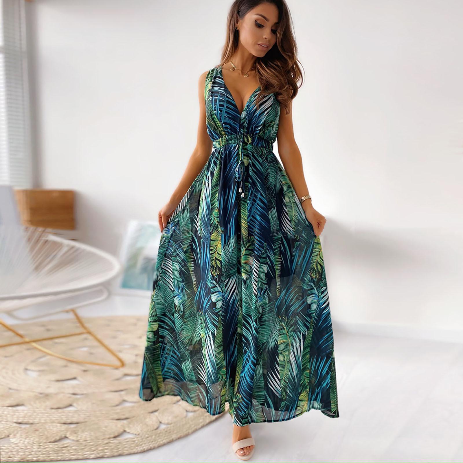 Lässige Sommerkleider für Damen, Neckholder-Maxikleid, Damen, V-Ausschnitt, Partykleidung, langes Kleid, bedruckt, Strandkleidung, ärmellose Kleider M grün
