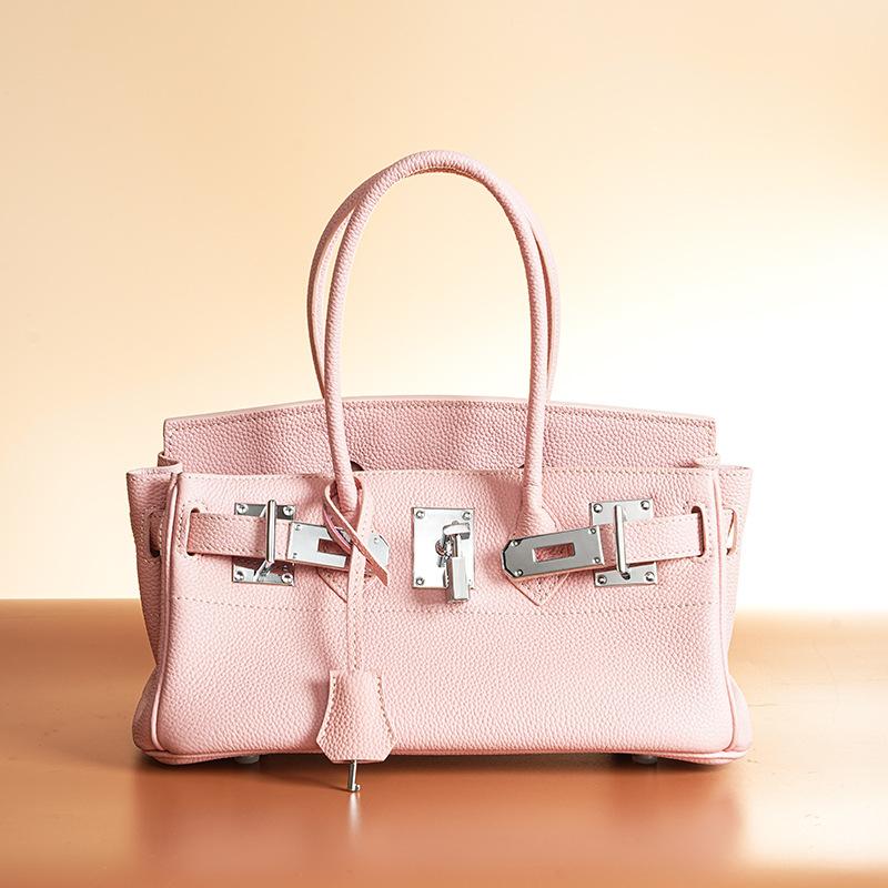 Hochwertige neue lange Leder-Handtasche mit silberner Schnalle aus Platin für Frauen + modische High-End-Handtasche aus Rindsleder 31x16x17cm rosa