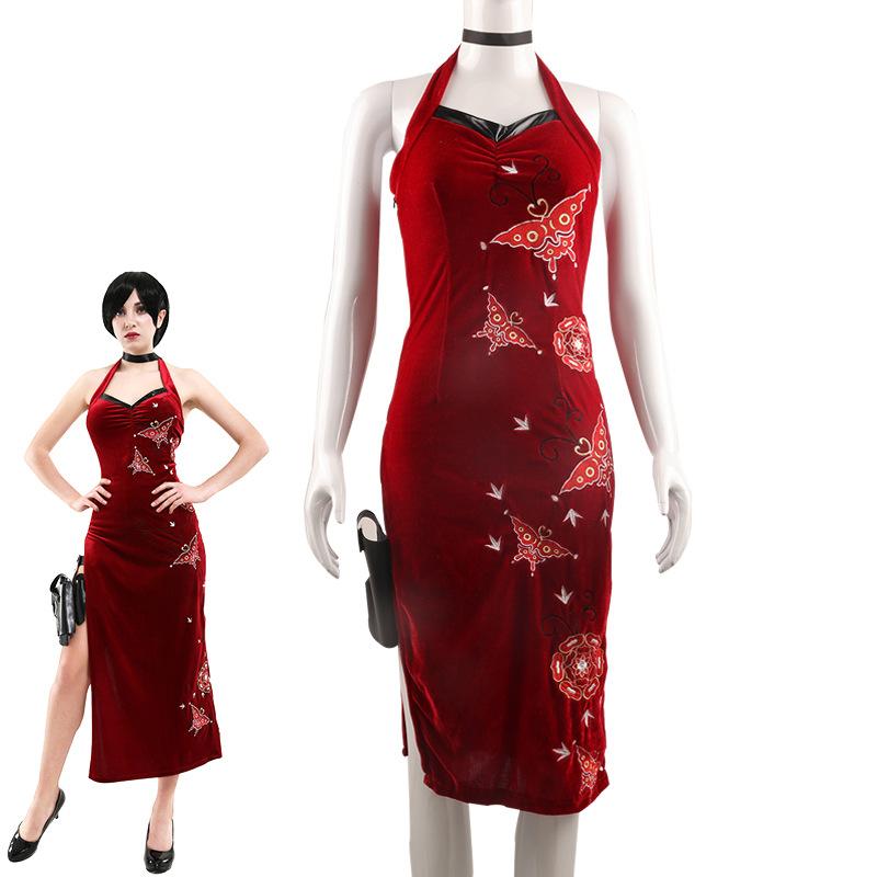 Ada Wong Cosplay-Kostüm für Damen, besticktes rotes Kleid im Cheongsam-Stil, Halloween-Cosplay-Outfit XL