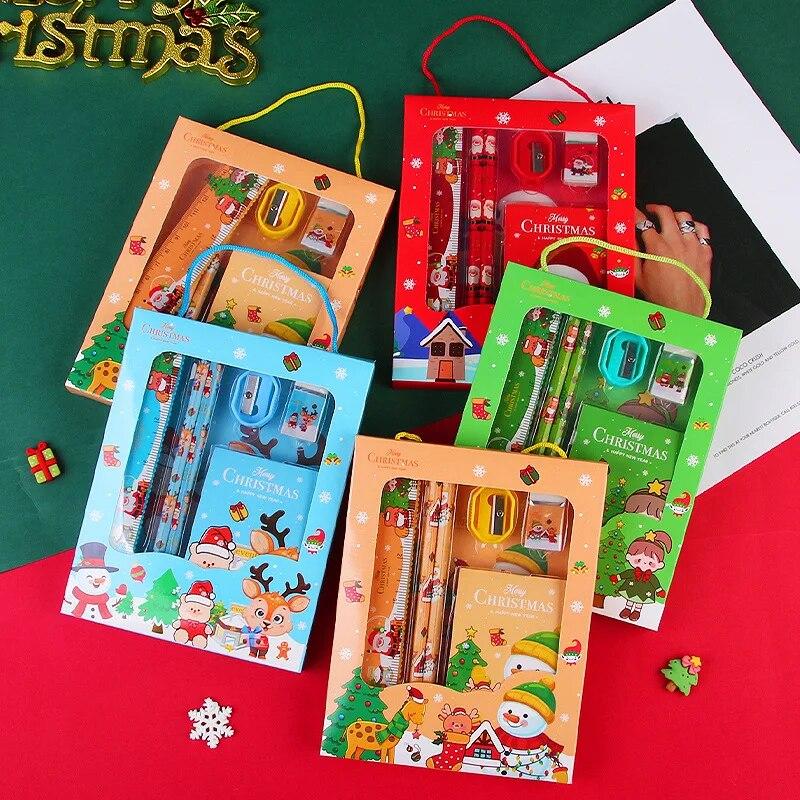 6 Teile/satz Weihnachten Schreibwaren Set Bleistift Spitzer Radiergummis kinder Bleistifte Geschenk Kawaii Schule Schreibwaren rot