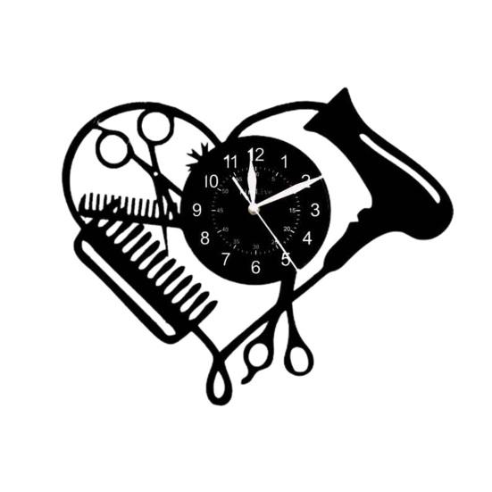 Friseur-Wanduhr mit Scheren- und Kammmuster, Salon-Thema, genaue Zeitanzeige, lebendige grafische Wanduhr schwarz