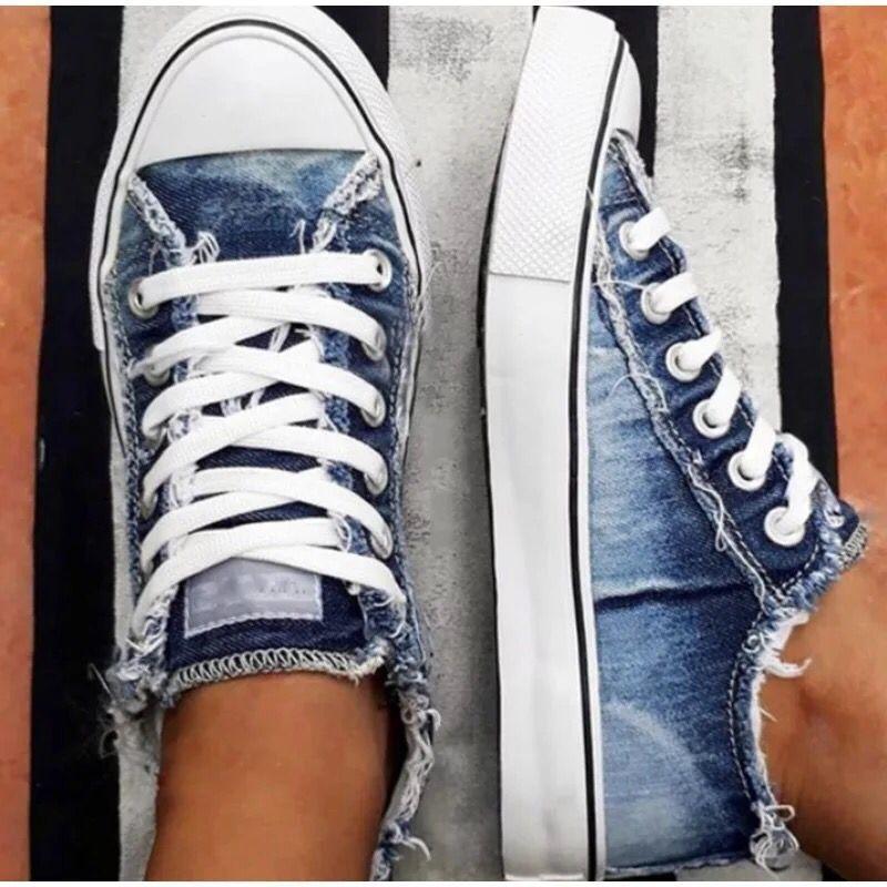 Damen Canvas Schuhe 2024 Sommer Plus Size Denim Canvas Schuhe Damen Schnürschuhe Casual Schuhe Damen Flache Loafer Schuhe 35 hellblaue