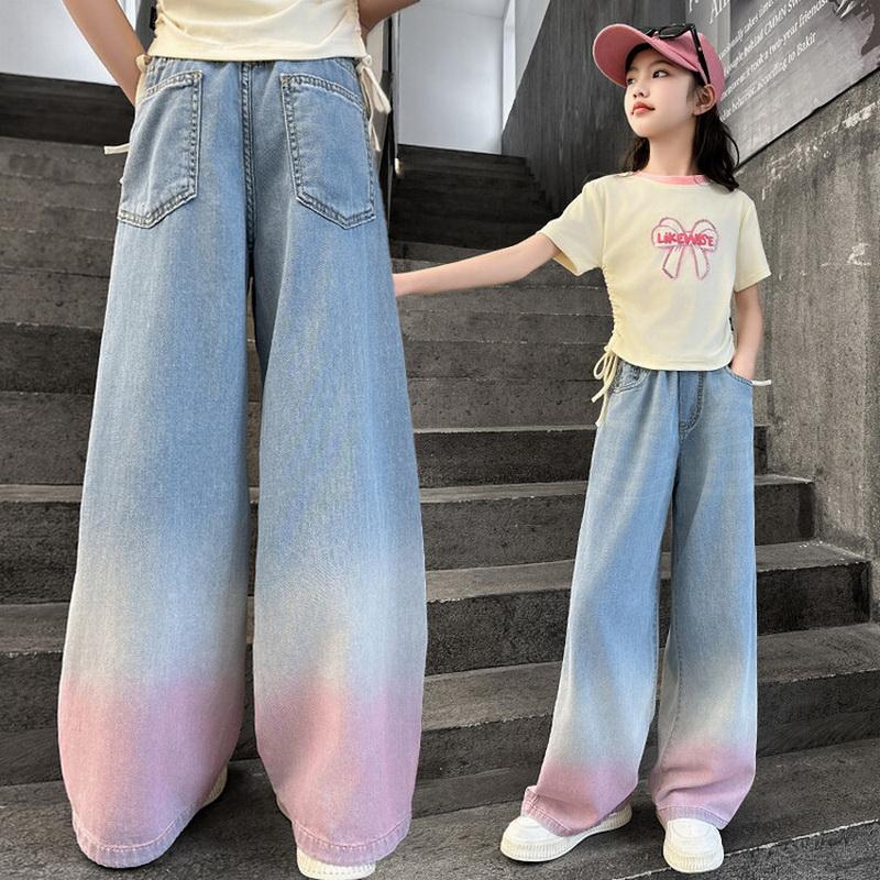 Große Teenager Mädchen Weite Bein Jeans Kinder Mädchen Farbverlauf Hosen Kinder Oberbekleidung Lange Hosen Mädchen Kleidung 130cm blau