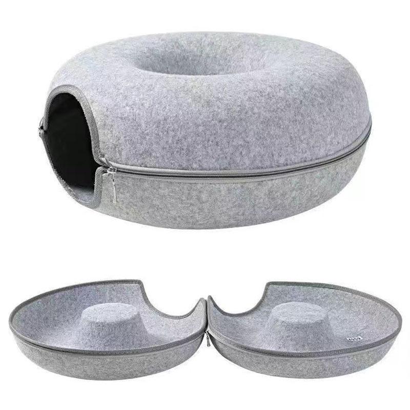 Filz-Katzenbett, Donut-Haustiertunnel, Nest, interaktives Spielzeug, Hundehütte mit doppeltem Verwendungszweck, abnehmbarer Korb für Kätzchen, Trainingsspielzeug L 60-28CM hellgrau