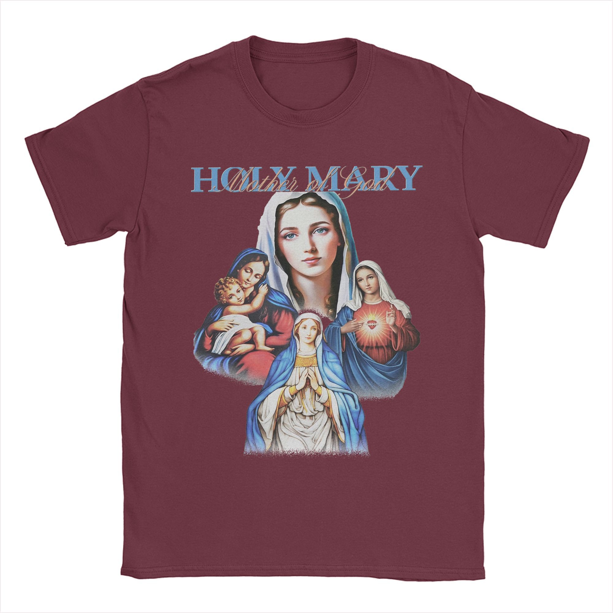 Herren T-Shirts Heilige Maria Collage Geniales Baumwoll T-Shirt Kurzarm T-Shirts Rundhals Tops Neuheit XXL bordeaux