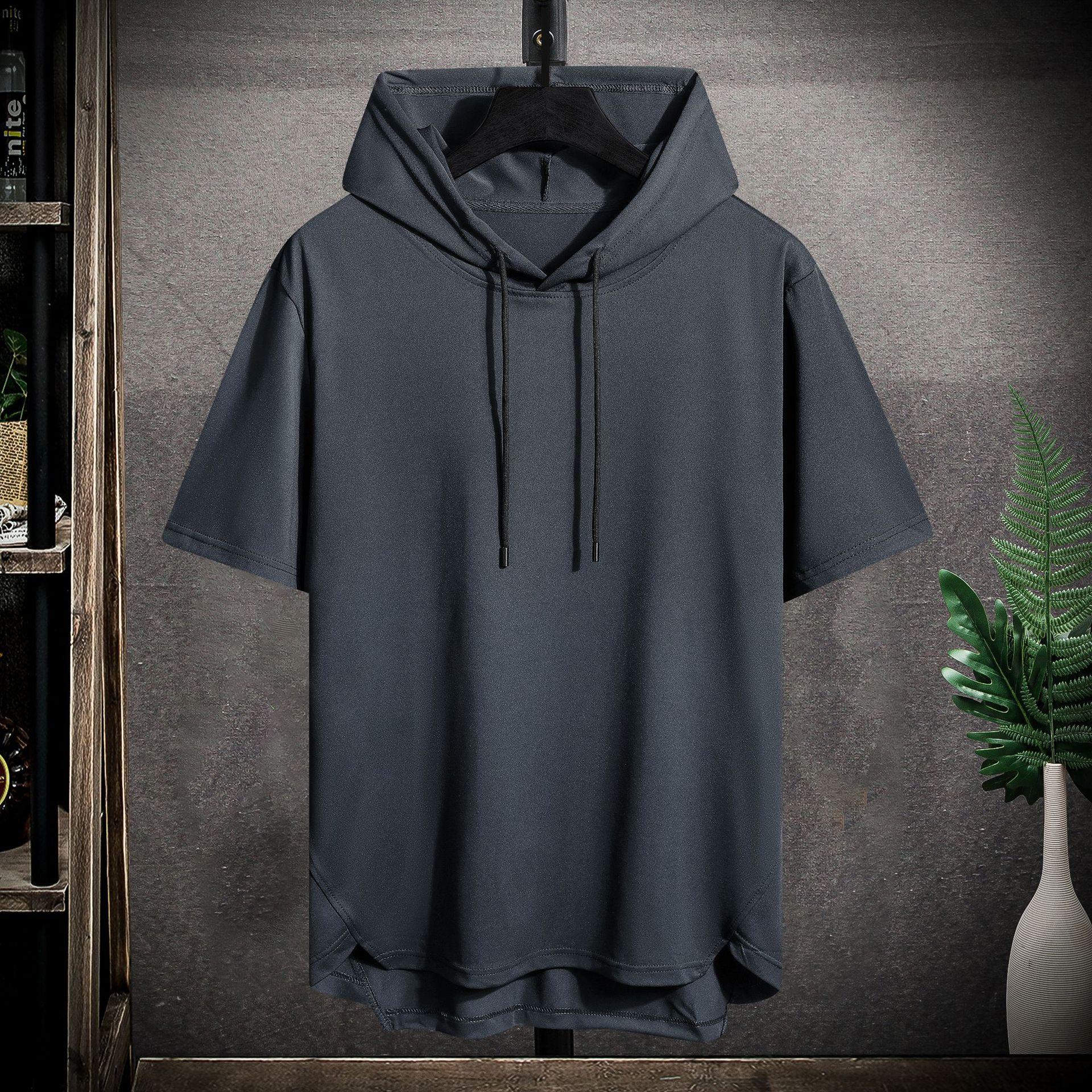 Herren Sommer Große Größe Atmungsaktives Kapuzen-T-Shirt Kühles und bequemes Kurzarm-Oberteil Große Größe Lose Kapuzen-Oberteile XXL grau