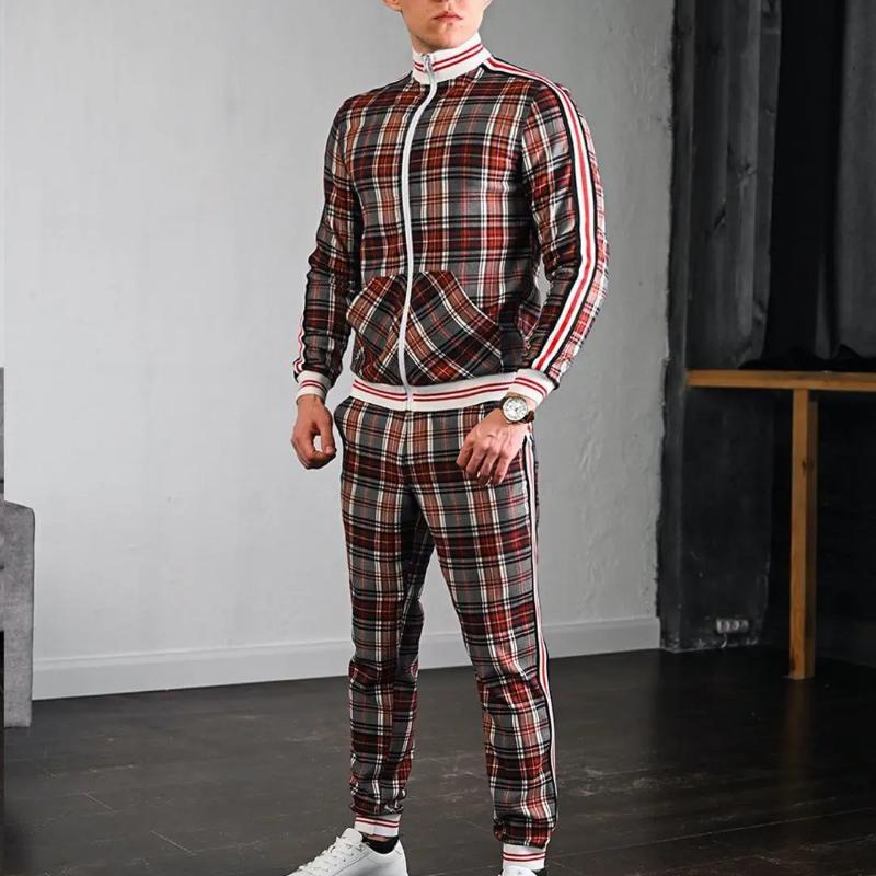 Mode Lässig männer Trainingsanzug Sportswear Zwei Stück Outfits Herren Anzüge Plaid Zipper Sets Marke Jacke Männliche Kleidung Frühling M