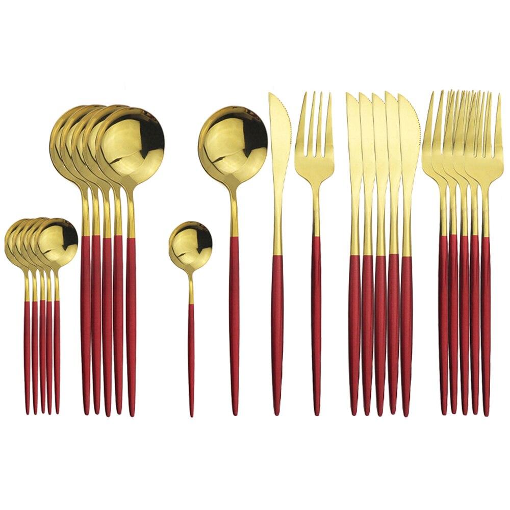 24-teiliges Edelstahl-Geschirrset für die Küche, grünes Gold, Besteck, Messer, Gabel, Löffel, Besteck, minimalistisches Besteck rot/gold