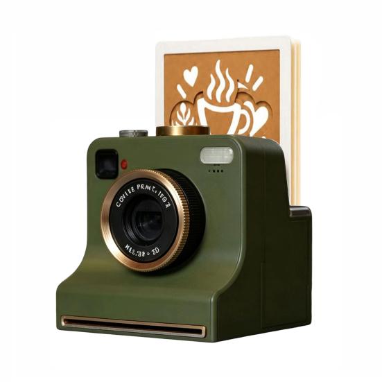 Handheld-Kaffee-Schablonenmaschine 3D-gedruckte Latte-Art-Kamera, Manuelles Pulverdrucker mit Retro-Kamera-Design-Werkzeugschablonen, Kakao-Zimt-Hersteller 4 Template Cards grün