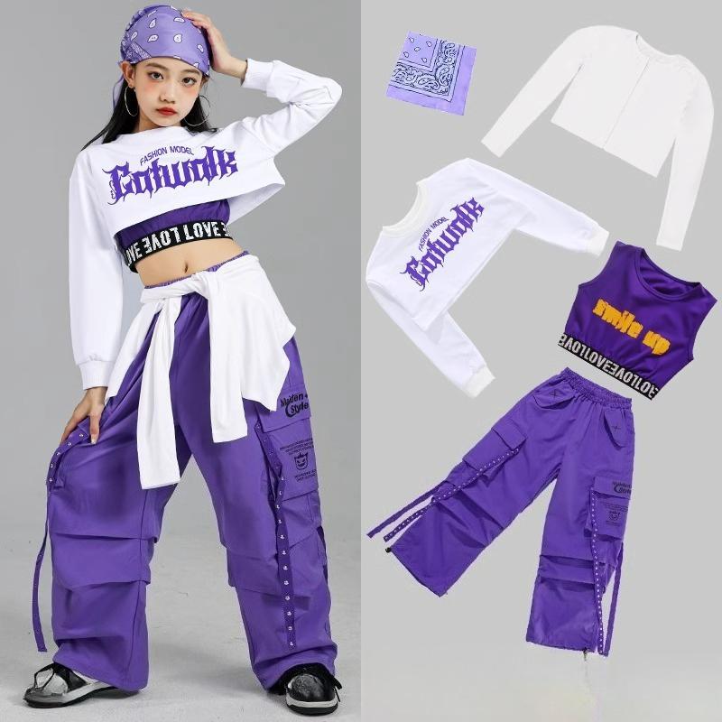 Hip Hop Mädchen K-Pop Crop Top Lila Cargohosen Kinder Street Dance Outfits Kinder Streetwear Gruppe Jazz Kleidung Sets 170 violett