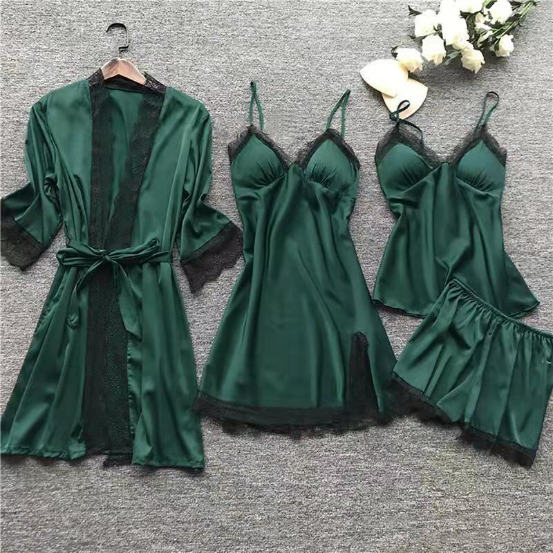 Pyjama-Set für Damen, Cami-Shorts, Nachthemden, Pyjama-Set aus Satinstoff, atmungsaktives Pyjama-Set mit Bademänteln, 5-teiliges Pyjama-Set, Nachtwäsche, Loungewear-Nachthemden XXXXL grün
