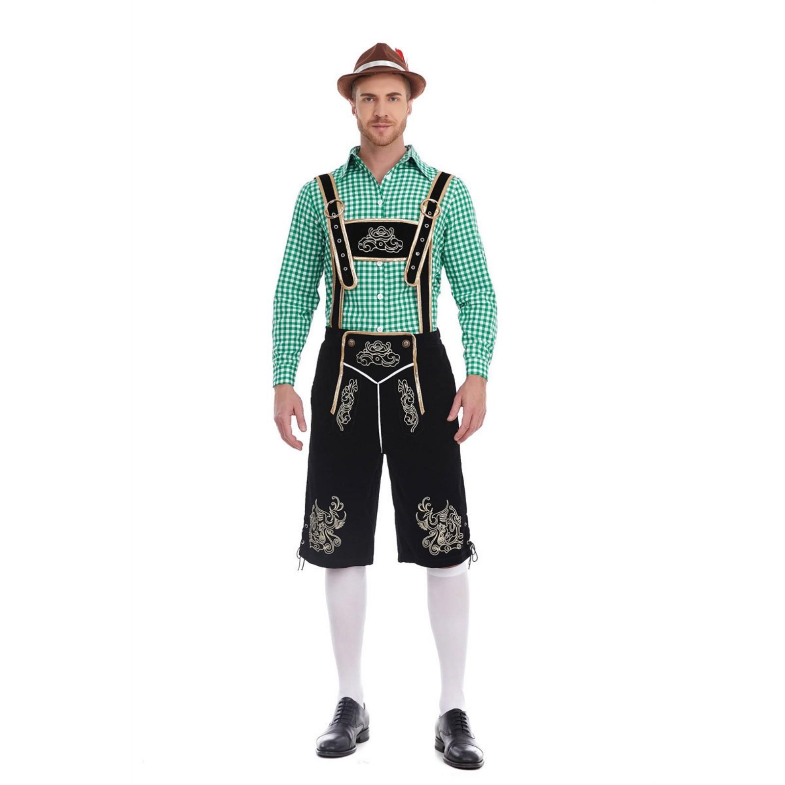 Herren Bayerische Oktoberfest Tracht - Kariertes Hemd & Hosenträgerhose Set XL grün