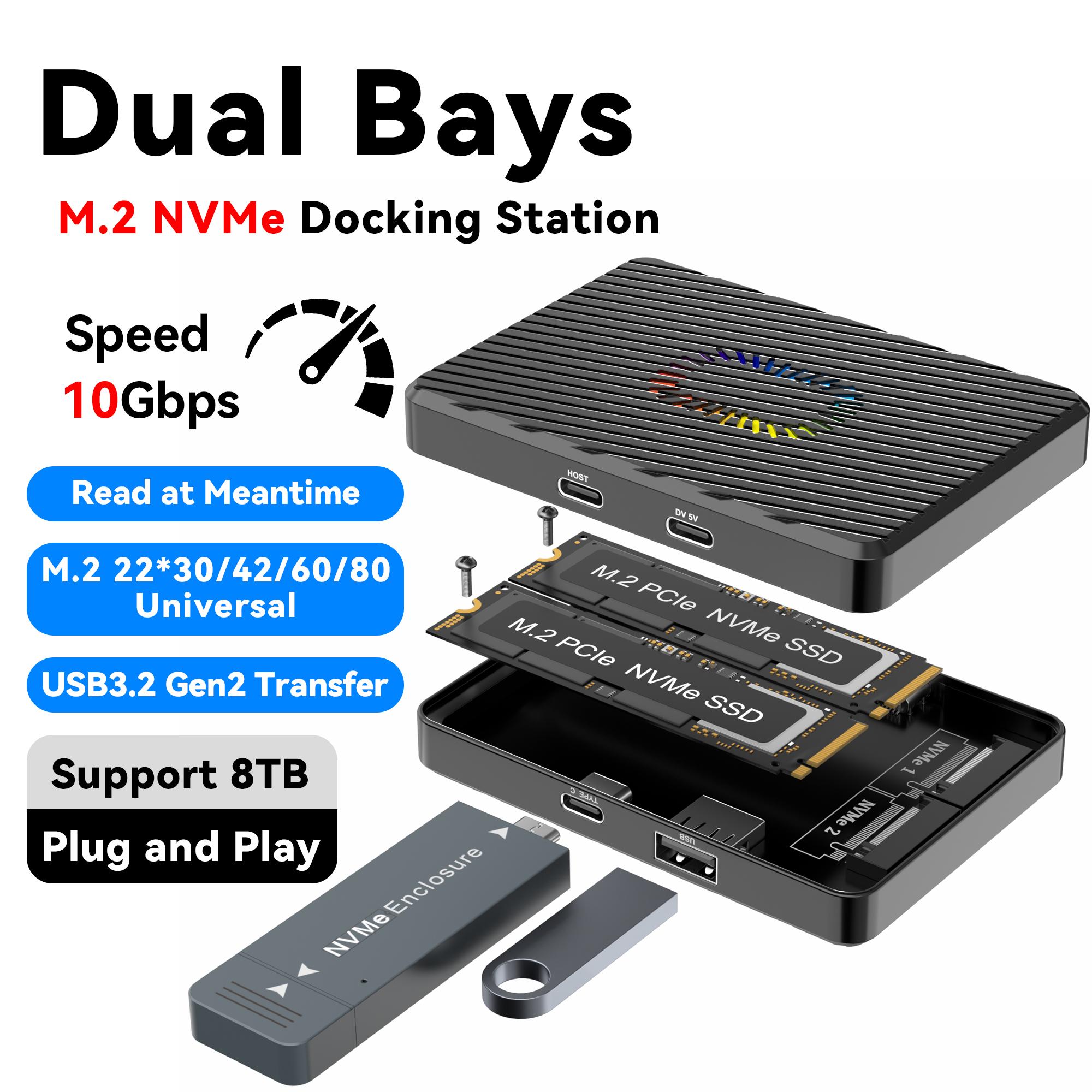 Dual Bays M2 NVME SATA SSD Gehäuse 10Gbps Duales Protokoll M.2 NVMe SATA SSD Gehäuse USB3.2 Solid State Dockingstation M.2 Festplattenbox Adapter für PC Dual NVMe
