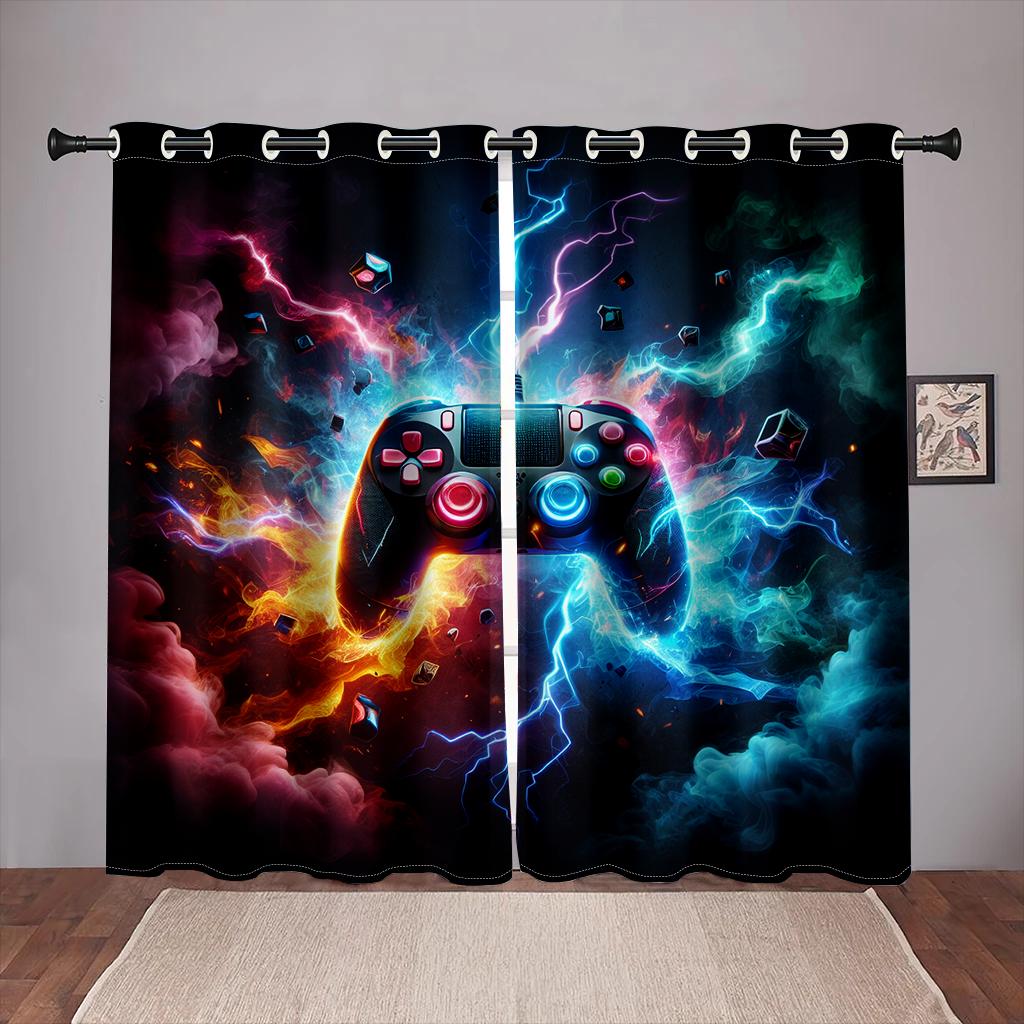 2 Stück Cartoon-Gaming-Playstation-Fenstervorhang, Wohnzimmer, Schlafzimmer, für Jungen, Zimmerdekor, Gamer, Teenager, Kinder, die Videospiele spielen W85H200(CM)x2pcs&Grommet Top