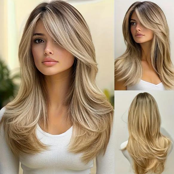 Damen Mode Lange Welle Perücke, Balayage Blond Mittelscheitel Pony Vorhang Hochtemperaturfaser Synthetisches Haarteil goldgelb