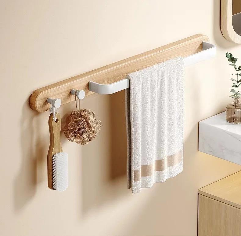 Handtuchhalter fürs Badezimmer aus Walnussholz mit Metallstange, Badetuchhalter zur Wandmontage, Hakenreihe fürs Badezimmer, Hängeregale für Zuhause 48CM weiß