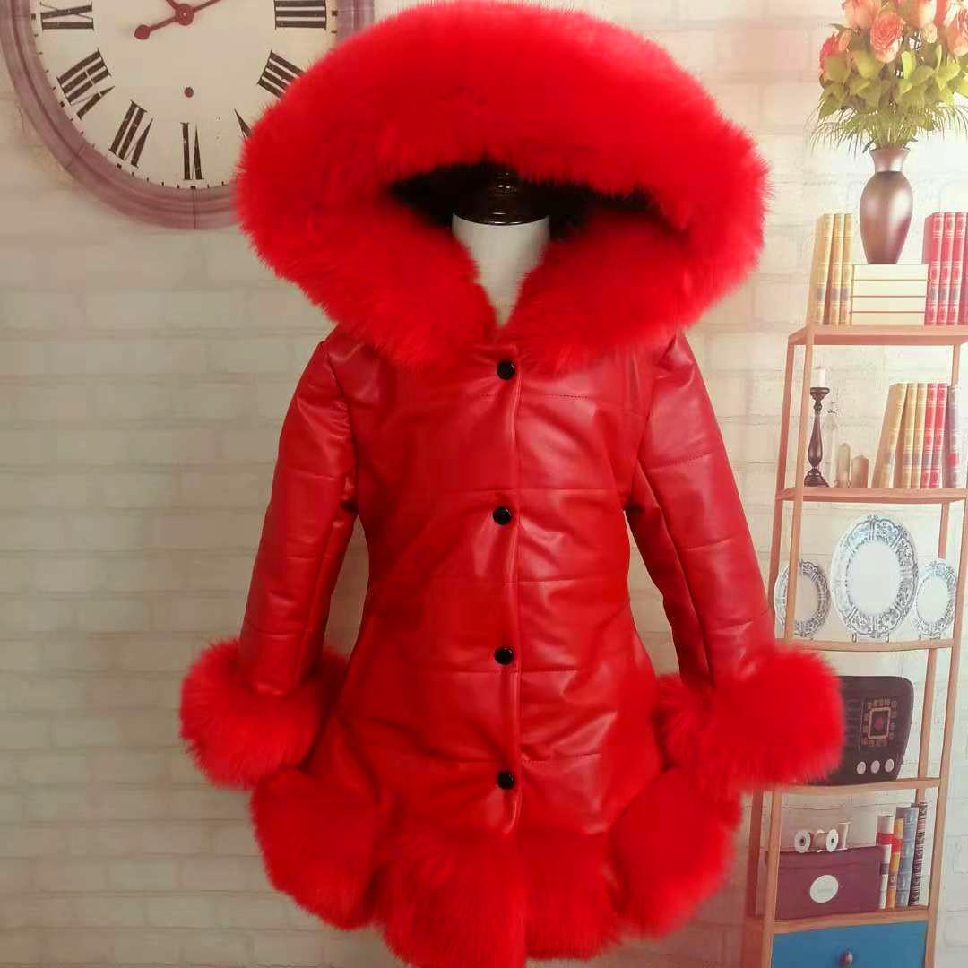 YUBAOBEI Weihnachts-Winter-dicke warme Mädchen-Lederjacke für Kinder, einfarbig, Plüsch, Stehkragen, Kapuzenmantel 4T rot