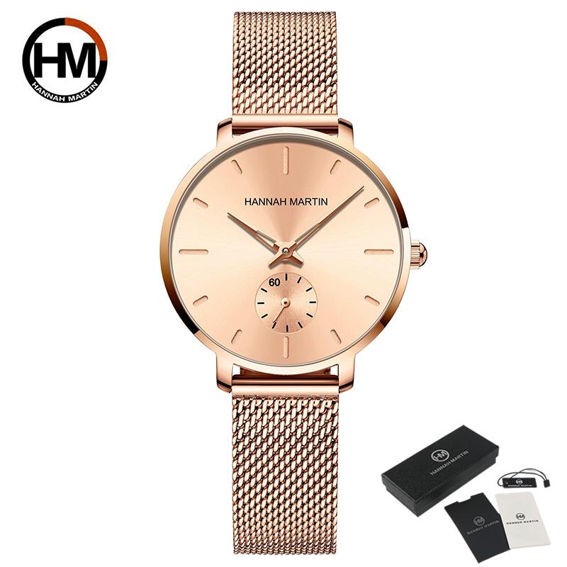 Hannah Martin Kleine Sekunde Zifferblatt Quarzwerk Mode Uhr Wasserdicht Einfache Frauen Gold Mesh Gürtel Top Marke Damen Uhren rose gold