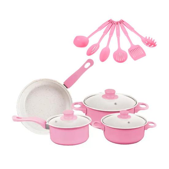 13-teiliges Kochgeschirr-Set Antihaft-Eisen-Töpfe und Pfannen mit komfortablen Griffen Klare Glasdeckel Großes Fassungsvermögen Kochutensilien für Zuhause rosa