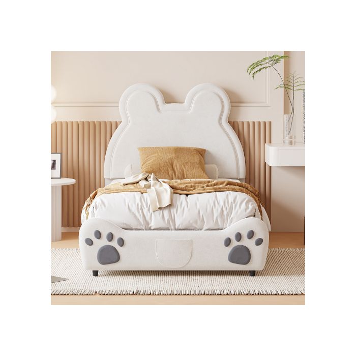 Gepolstertes Bett Schönes Kinderbett, 90 x 200 cm, Bärenform. Einfaches Bett aus hautfreundlichem, weichem Samt, weiß
