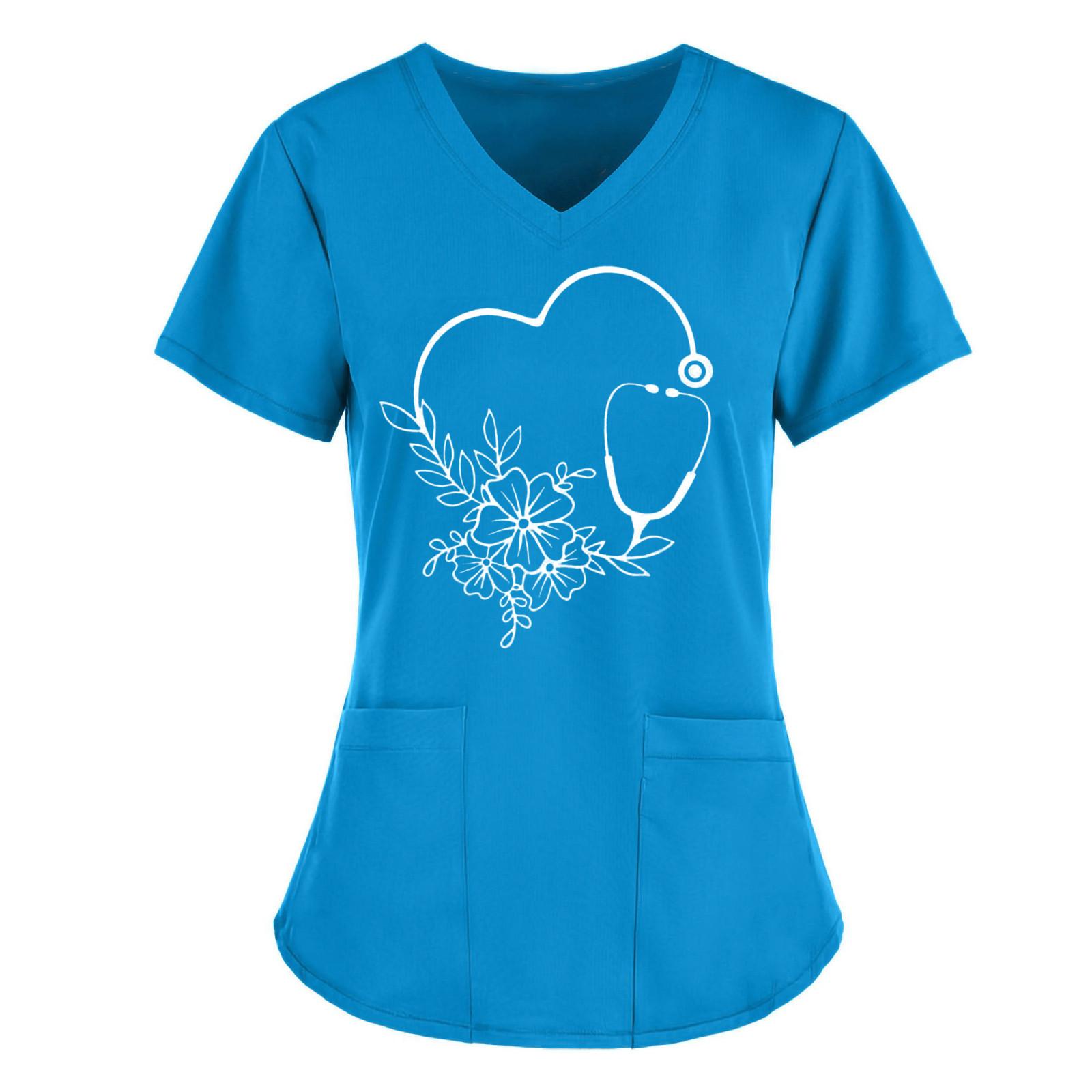 Damen V-Ausschnitt Medizinischer Kasack mit Herz- und Stethoskop-Print Zwei Vordertaschen Kurzarm Krankenschwester Uniformhemd XL blau