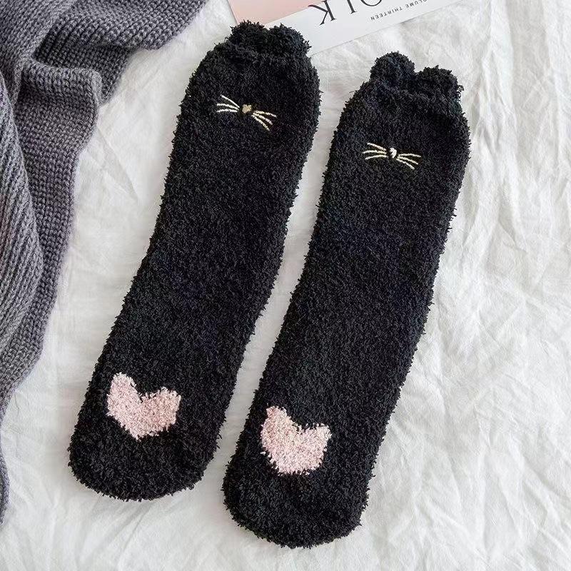 Damen Korallfleece Cartoon Hasenohren Socken Mittelhohe Socken Extra Dicke Warme Haussocken Schlaf-Socken One size schwarz