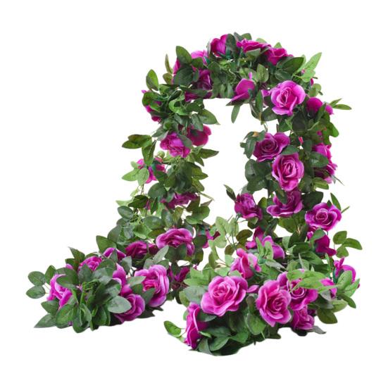 220 cm künstlicher Rosenblumen-Girlande mit 16 Köpfen, UV-beständig, realistische Kunstblumen aus Rattan, ideal für Hochzeiten violett