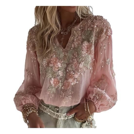 Damen Hemd Oversize V-Ausschnitt Langarm Lässig Frühling Herbst Hemd 3D Blumenmuster Gedruckt Entspannte Passform Hemd Tägliche Kleidung M