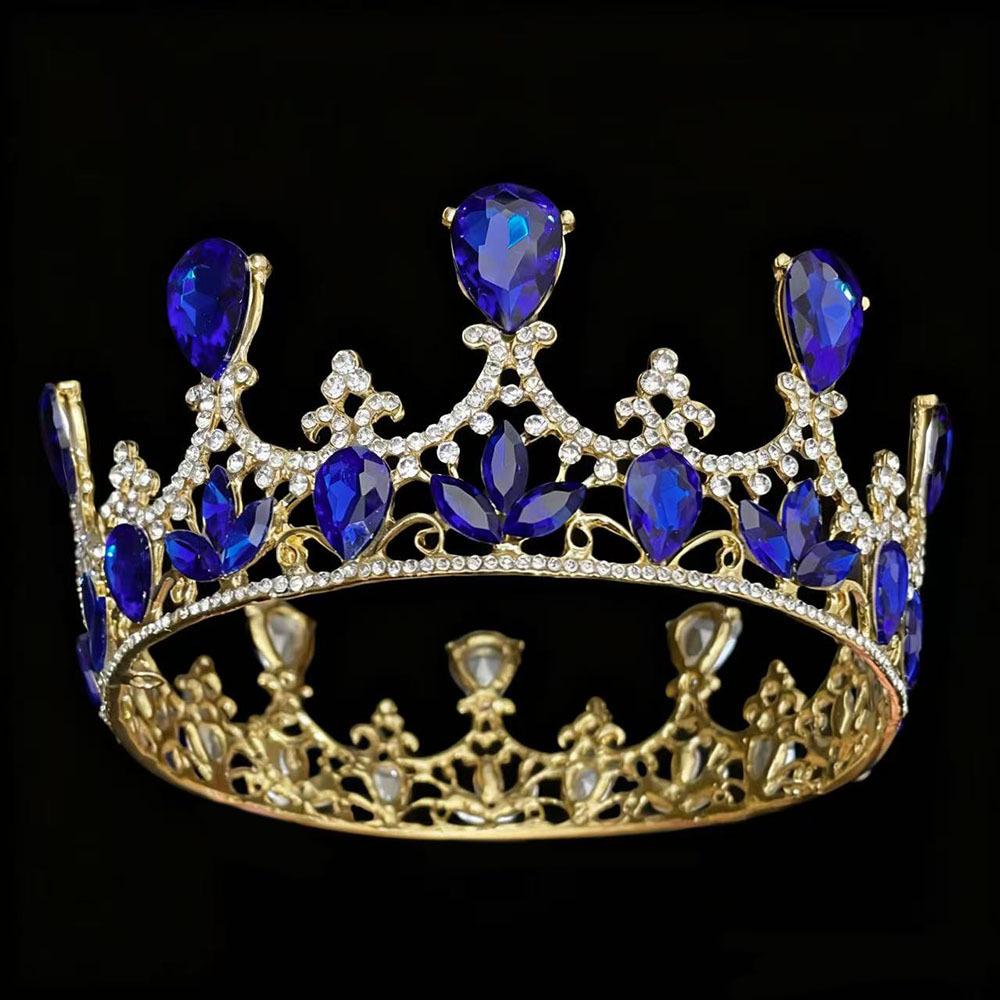 Neue Barocke Retro Runde Brautkrone Europäische Große Wasser Diamant Braut Hochzeits Kopfschmuck und Brautkleid blue