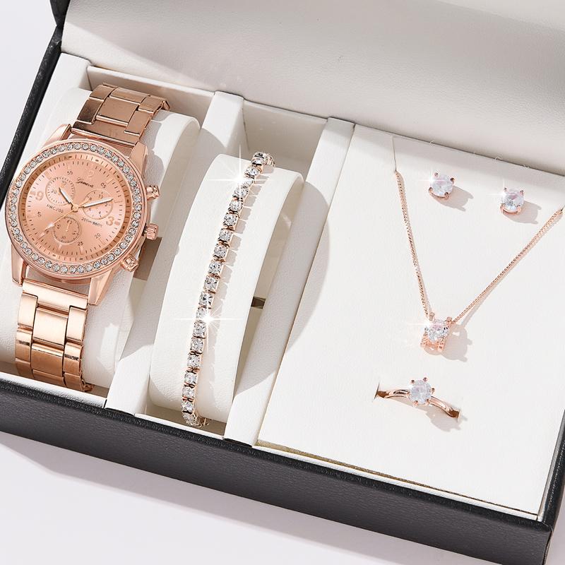 6PCS Set Luxus Uhr Frauen Ring Halskette Ohrringe Strass Mode Armbanduhr Weibliche Casual Damen Uhren Armband Set Uhr rose gold