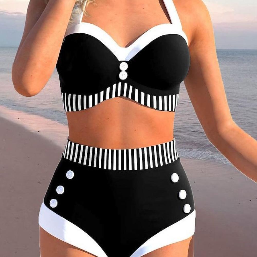 Frauen Bauchgurt Breasted Sexy Bikini Sexy High Waist Badeanzug Strand Bademode Weiblicher Sommer Badeanzug L schwarz