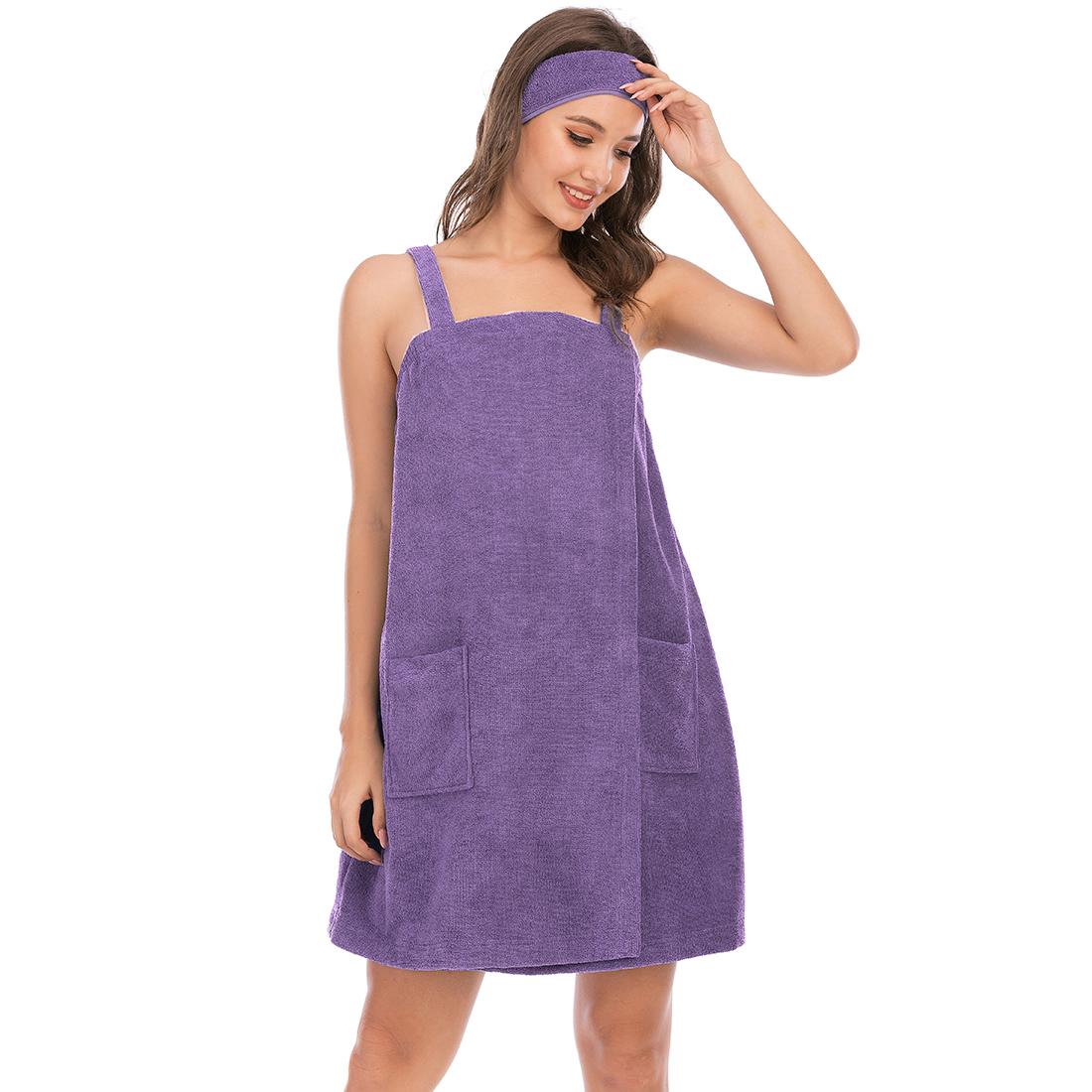 Bright Deer Damen-Bademantel aus Frottee, Spa, Badetuch, Bademantel mit Trägern, schnell trocknend, Frottee-Klettverschluss, elastischer Duschbademantel mit Stirnband, weich, für Fitnessstudio, Pool, Abdeckung S violett