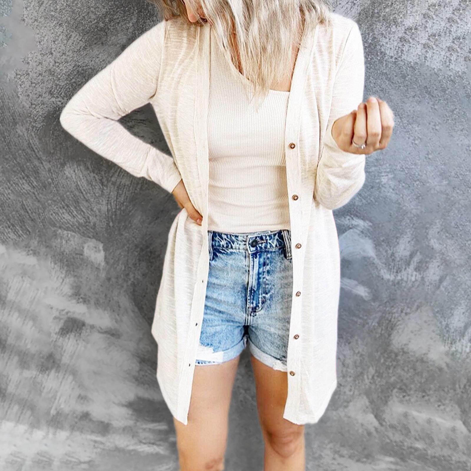 Frühling und Herbst Damen Strickjacke Übergröße Langer Knopf Einfarbig Lässige Langarm Strickjacke S weiß