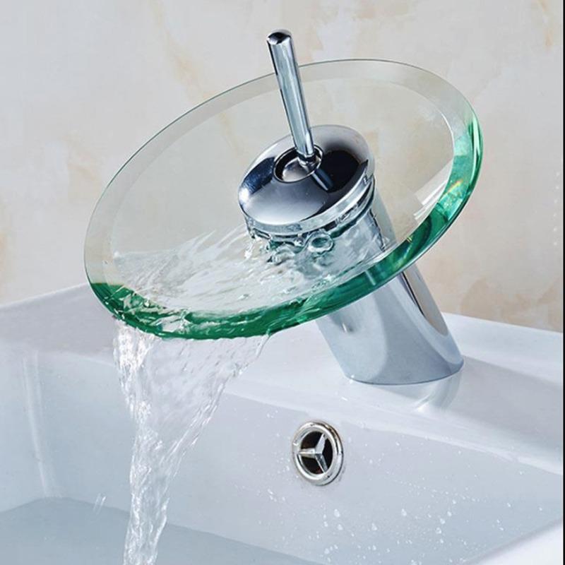 Badezimmer Wasserfall Waschbecken Toque Waschbecken Mischbatterie Wasserhahn Chrom Glasrand Wasserhahn mit Wassereinlassrohr