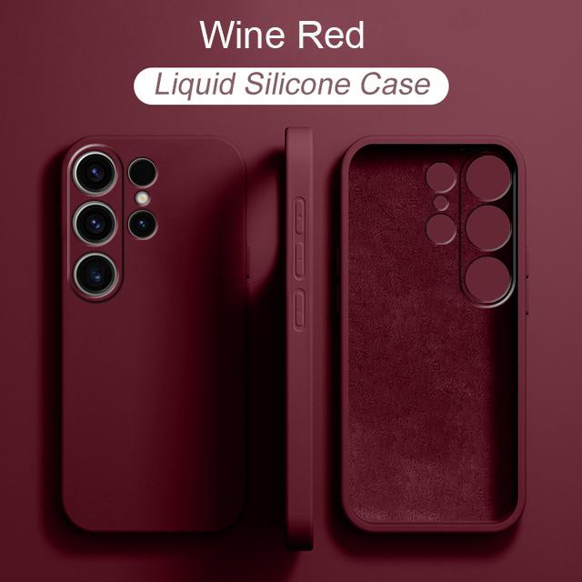 Flüssige Silikonhülle für Samsung Galaxy S20 S21 S22 S23 FE S24 Ultra Plus Note 10 20 Ultra S10 A54 Ganzkörper-Kamera-Schutzhülle, quadratische Abdeckung aus Silikon Samsung S21 Ultra wein rot