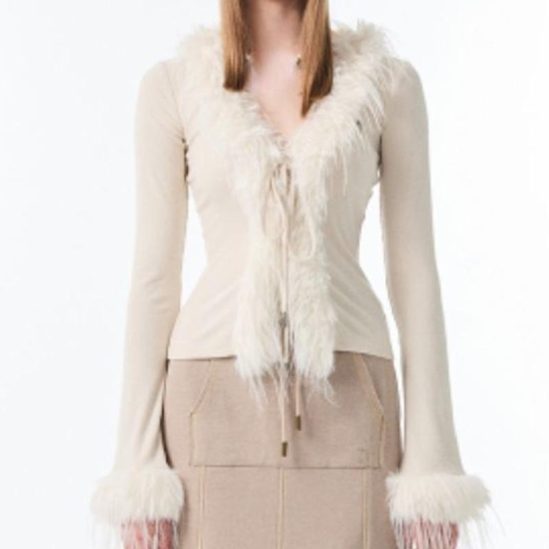 Koreanische Sexy Mode Grunge Strickjacke Y2k Ästhetische V-ausschnitt Jacke Frauen Harajuku Vintage Verband Pelz Patchwork Mantel 2023 Herbst M beige