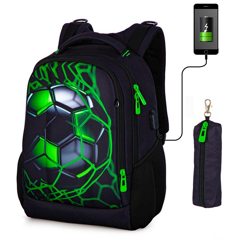 Orthopädische Schultasche für Jungen, 3D-Fußball-Rucksäcke, Studenten, USB-Aufladung, multifunktionaler Rucksack, Teenager, Büchertasche 40cm*30cm*17cm grün