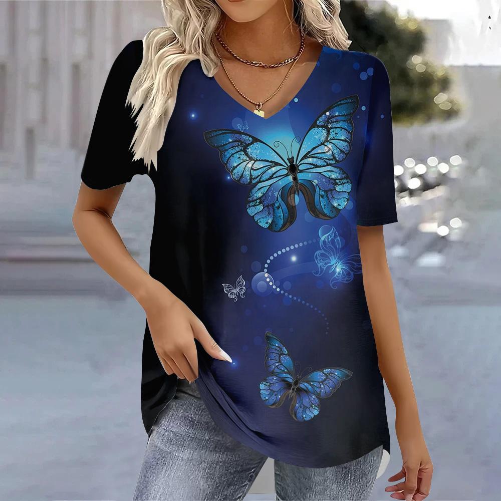 Damen T-Shirts mit V-Ausschnitt und 3D-Druck, modisches Damenhemd und Bluse 2025, T-Shirt, Damenkleidung, übergroße Sommeroberteile, T-Shirts 6XL