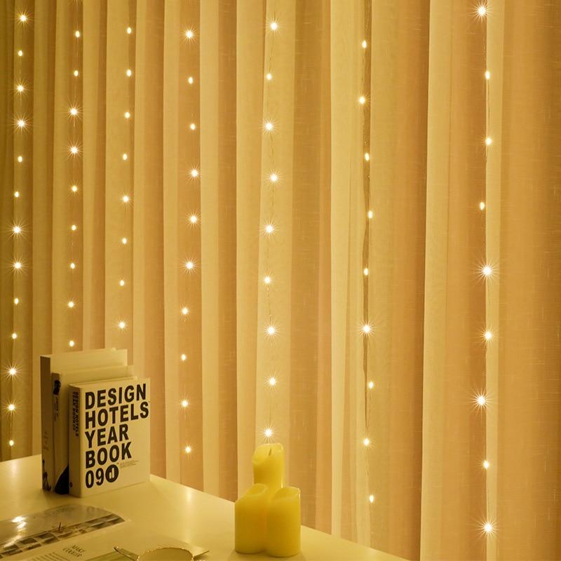 LED-Lichterketten, Weihnachtsdekoration, Fernbedienung, USB, Hochzeit, Girlande, Vorhang, 3 m, Lampe, Urlaub für Schlafzimmer, Glühbirne im Freien, Fee 3M X 1M 105LED gelb