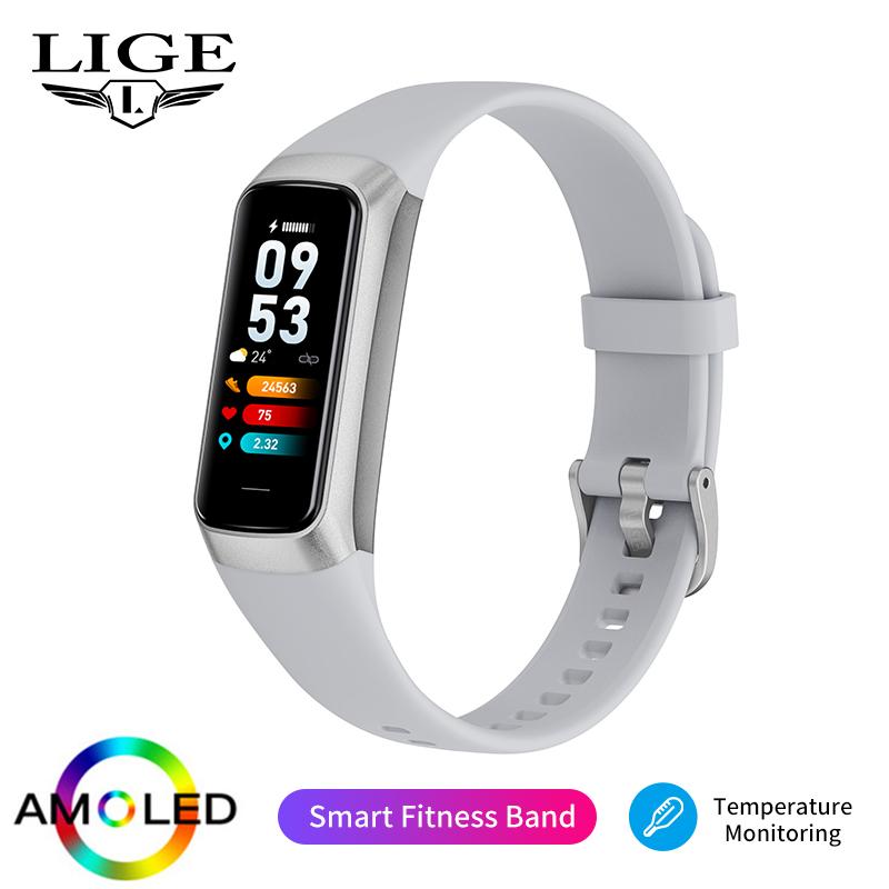Lige Neue Smart Armband Sport Fitness Tracker Smartwatch AMOLED Bildschirm Wasserdicht Körper Temperatur Smart Armband Für Frauen Männer silicone strap grau