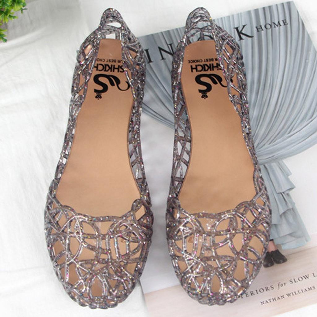 Frauen Sommer Hausschuhe Funkelnde Gelee Schuhe Glänzende Baotou Hohe Elastische Schuhe Müßiggänger Zapatos Mujer Casual Flache Schuhe Tanz Wohnungen 38 silber