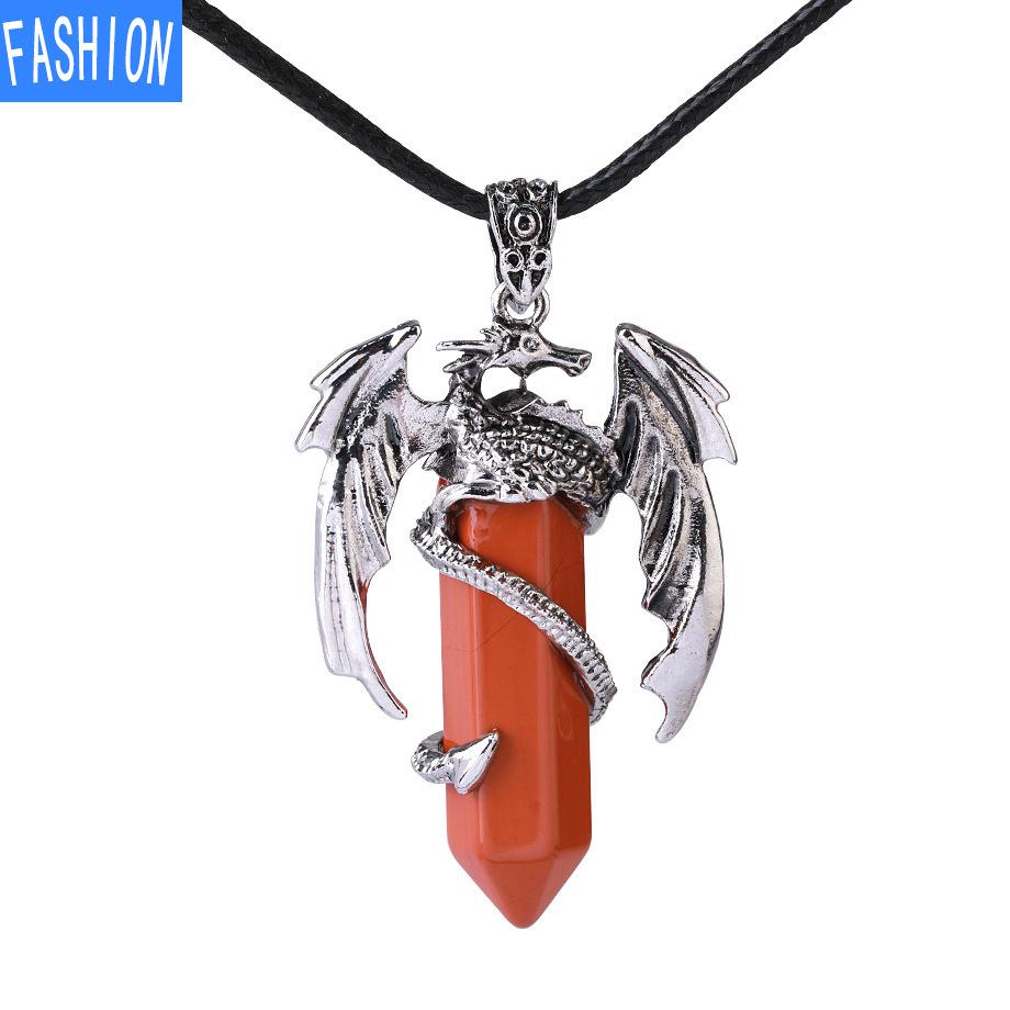 Drachen-Anhänger-Halskette für Männer und Frauen, coole Heilkristall-Amethyst-Halskette, natürliche Rosenquarz-Halskette, westlicher Drachen-Schmuck Red Jasper