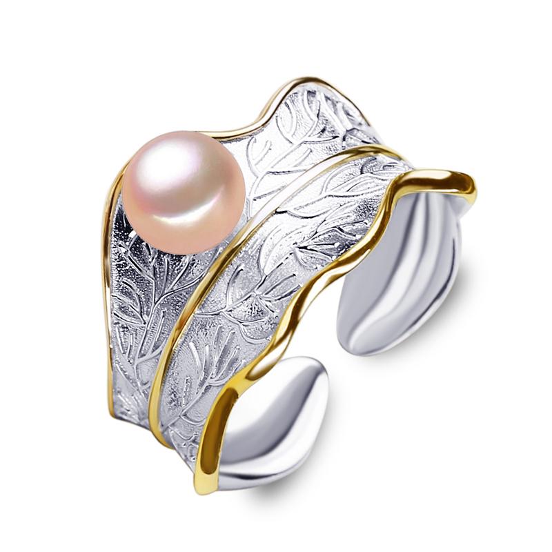 LSOOYH 925 Sterling Silber Ring Natürliche Süßwasser Perle Ringe Für Frauen Silber und Gold Farbe Benutzerdefinierte Weibliche Ring Edlen Schmuck rosa perle
