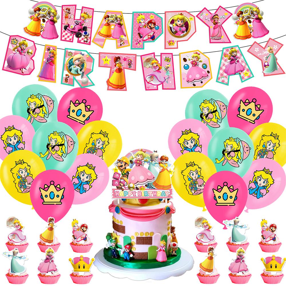 30 Stück Prinzessin Peach Geburtstagsparty-Zubehör Enthält Banner Kuchenaufsatz Luftballon