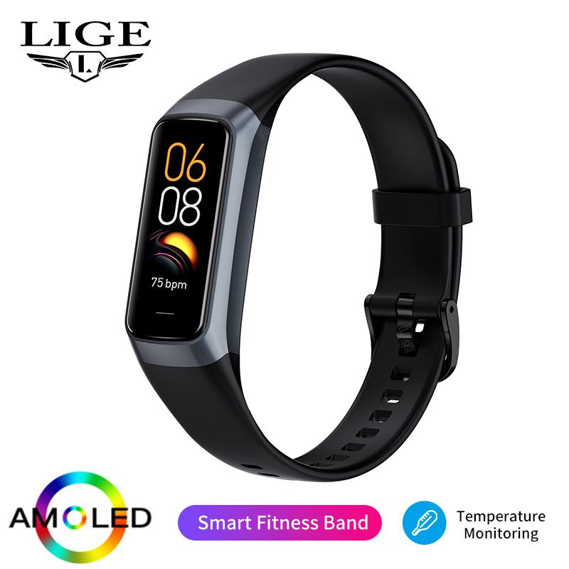 Lige Neue Smart Armband Sport Fitness Tracker Smartwatch AMOLED Bildschirm Wasserdicht Körper Temperatur Smart Armband Für Frauen Männer silicone strap schwarz